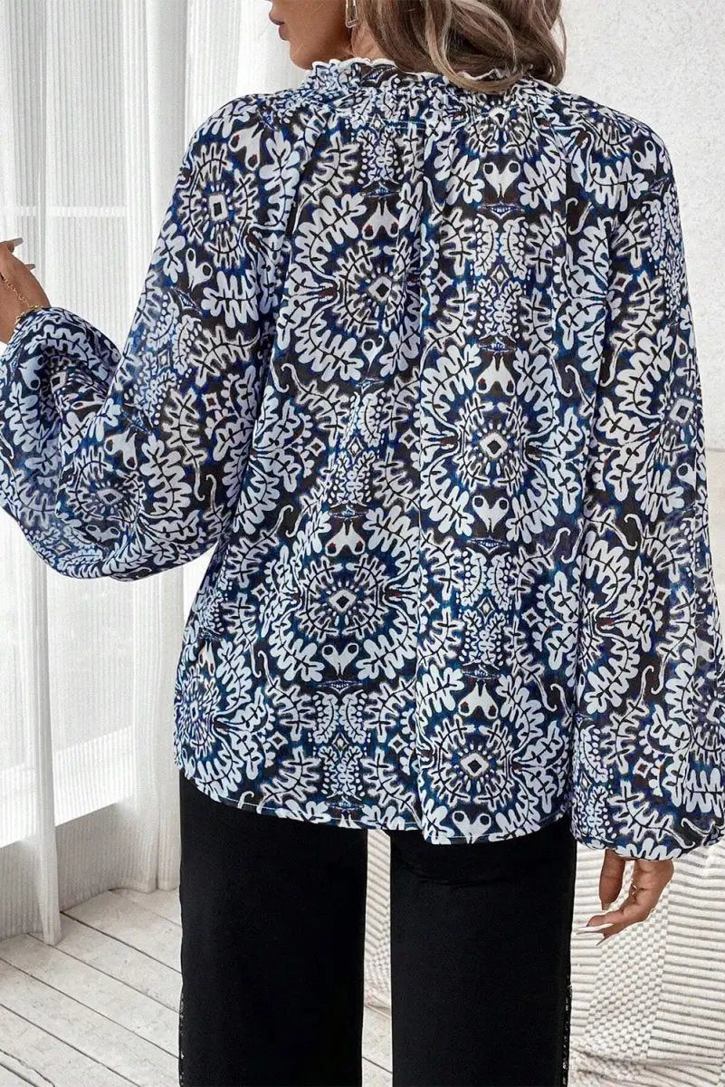 Blue Tribal Print Lace-up Frilled Neck Puff Sleeve Blouse - Love Salve